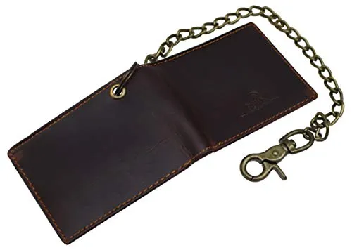 Men's RFID Signal Blocking Biker's Slim Bifold Chain Card ID Vintage Brown Leather Wallet