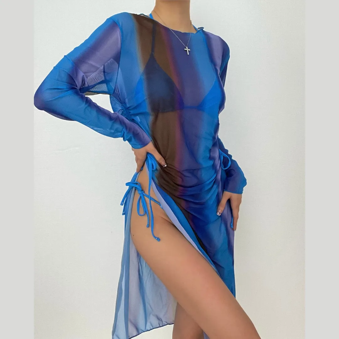 Mesh contrast print long sleeve drawstring slit halter 3 piece swimwear