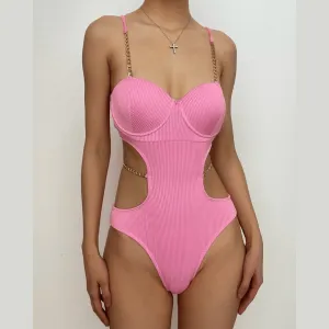 Metal chain button padded solid self tie one piece swimwear