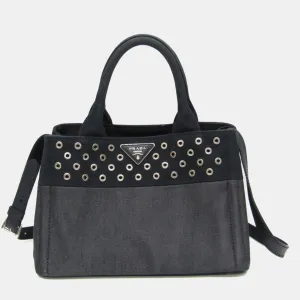 Navy Blue Denim and Leather Studded Canapa Tote Bag