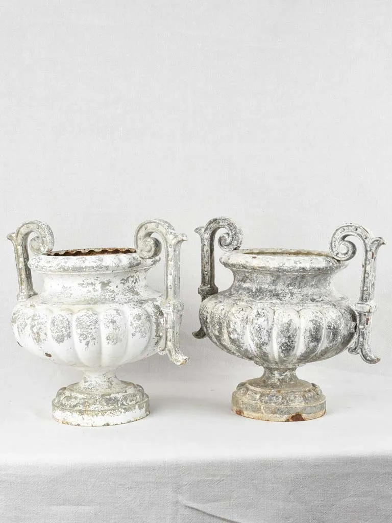 Pair of Chambord cast iron garden urns - white patina 16¼"