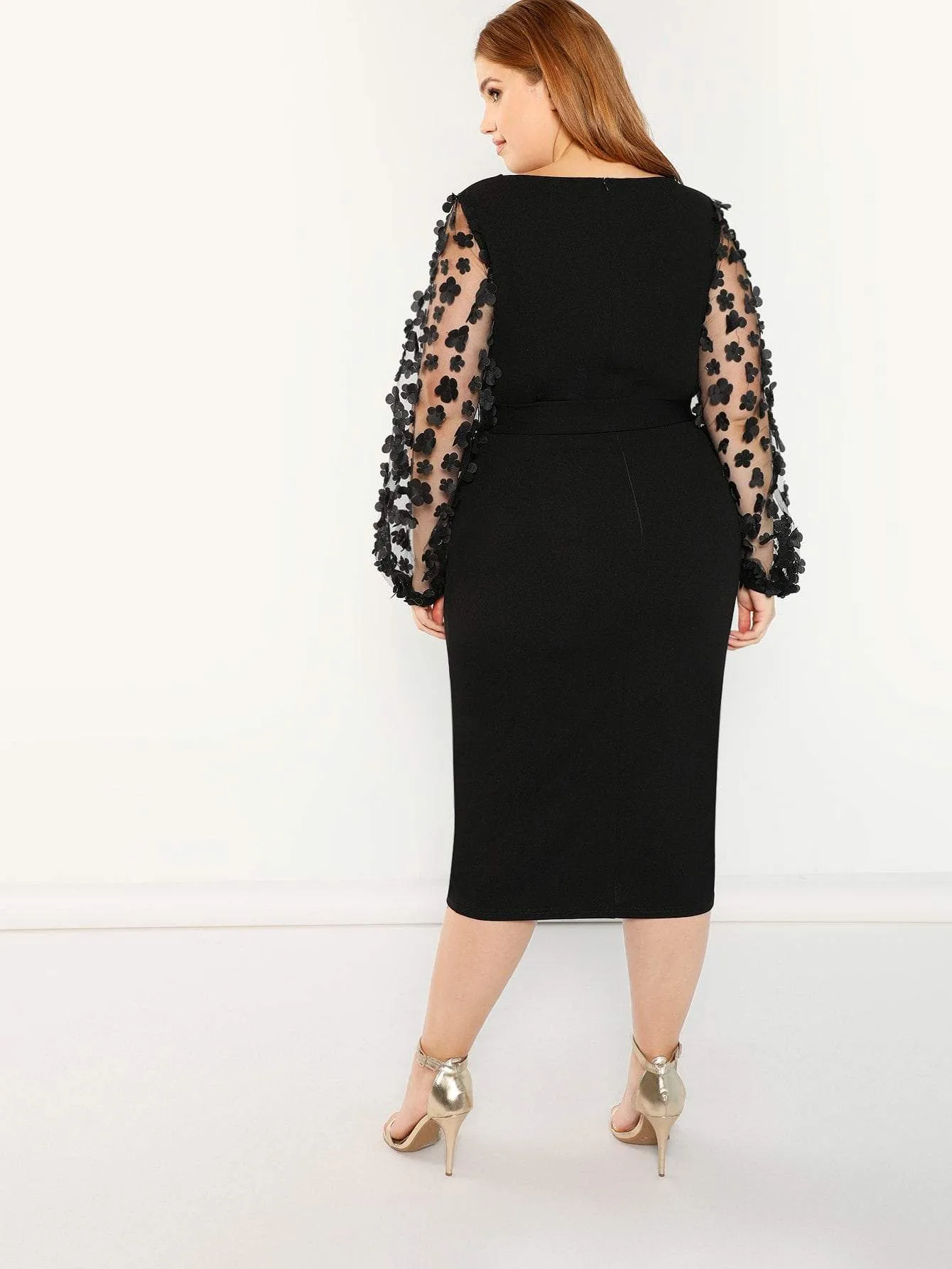  Plus Pencil Dress With Applique Mesh Sleeve