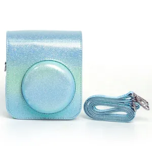 Protective Camera Case for Fujifilm Instax Mini 12 Instant Camera PU Leather Glitter Gradient Style Camera Bag with Shoulder Strap- Blue&Green