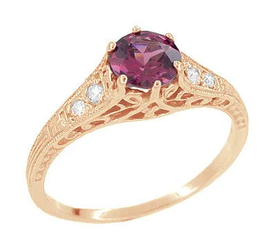 Rose Gold Art Deco Raspberry Rhodolite Garnet and Diamond Filigree Engagement Ring