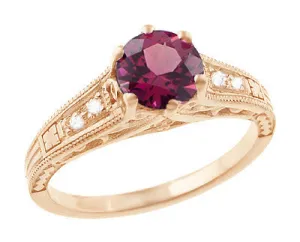 Rose Gold Art Deco Raspberry Rhodolite Garnet and Diamond Filigree Engagement Ring