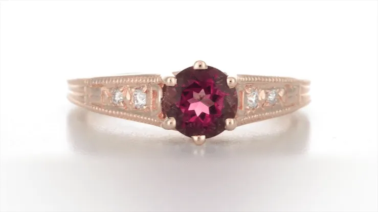 Rose Gold Art Deco Raspberry Rhodolite Garnet and Diamond Filigree Engagement Ring