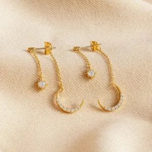 Sparkly Star & Moon Dangly Earrings in Gold 12741