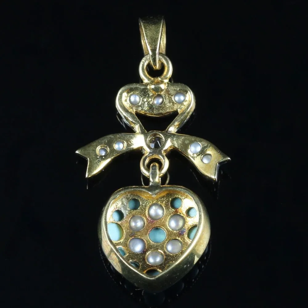 Turquoise Pearl Diamond Heart Pendant 9Ct Gold And Silver