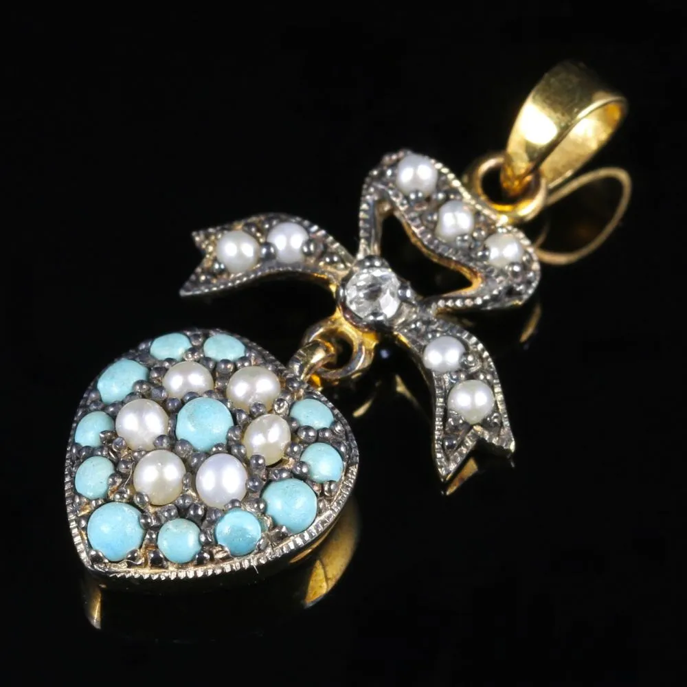 Turquoise Pearl Diamond Heart Pendant 9Ct Gold And Silver