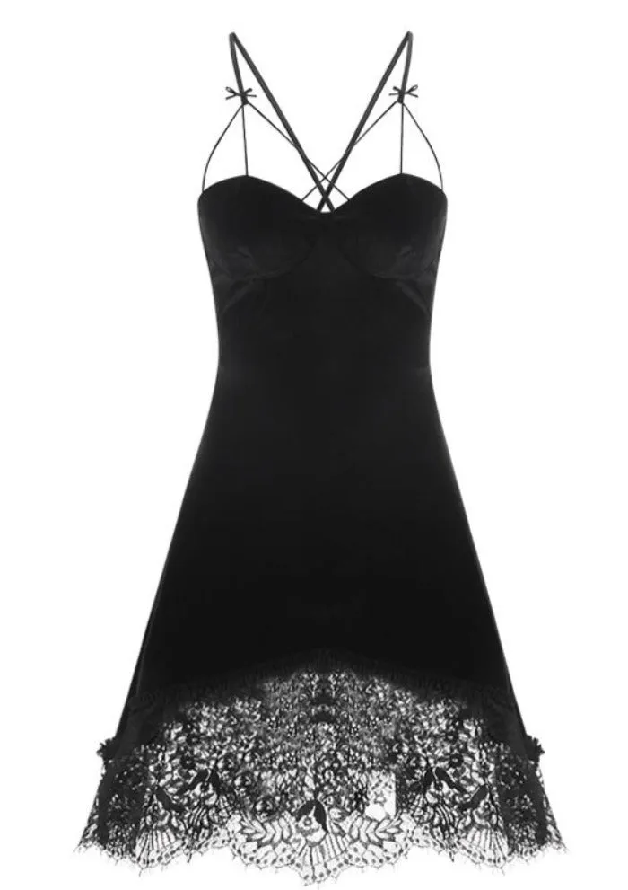 Velvet Deep V Back Cross Lace Nightgown