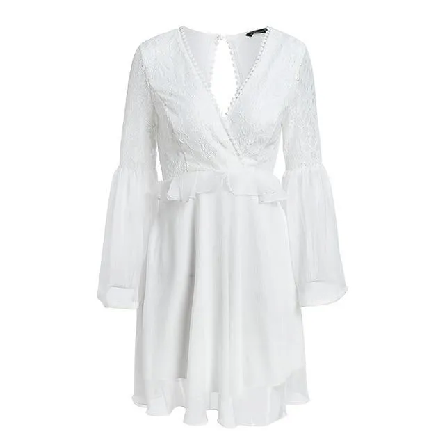 VenusFox Simple Embroidery Flare Sleeve Hollow Vintage Dress