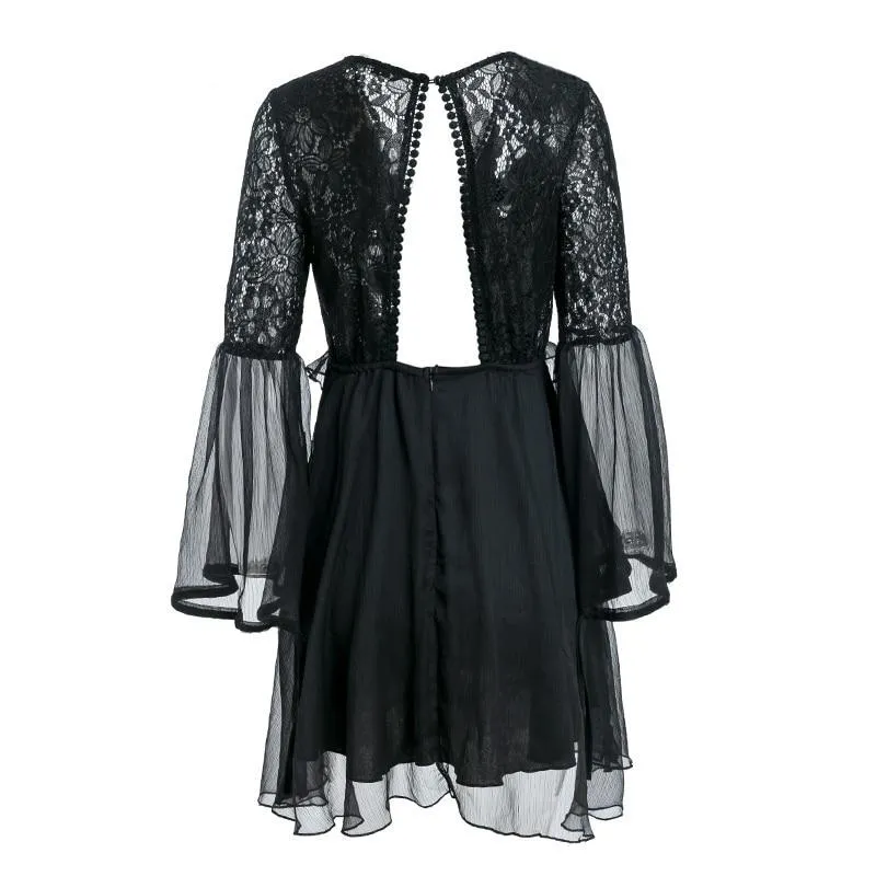 VenusFox Simple Embroidery Flare Sleeve Hollow Vintage Dress