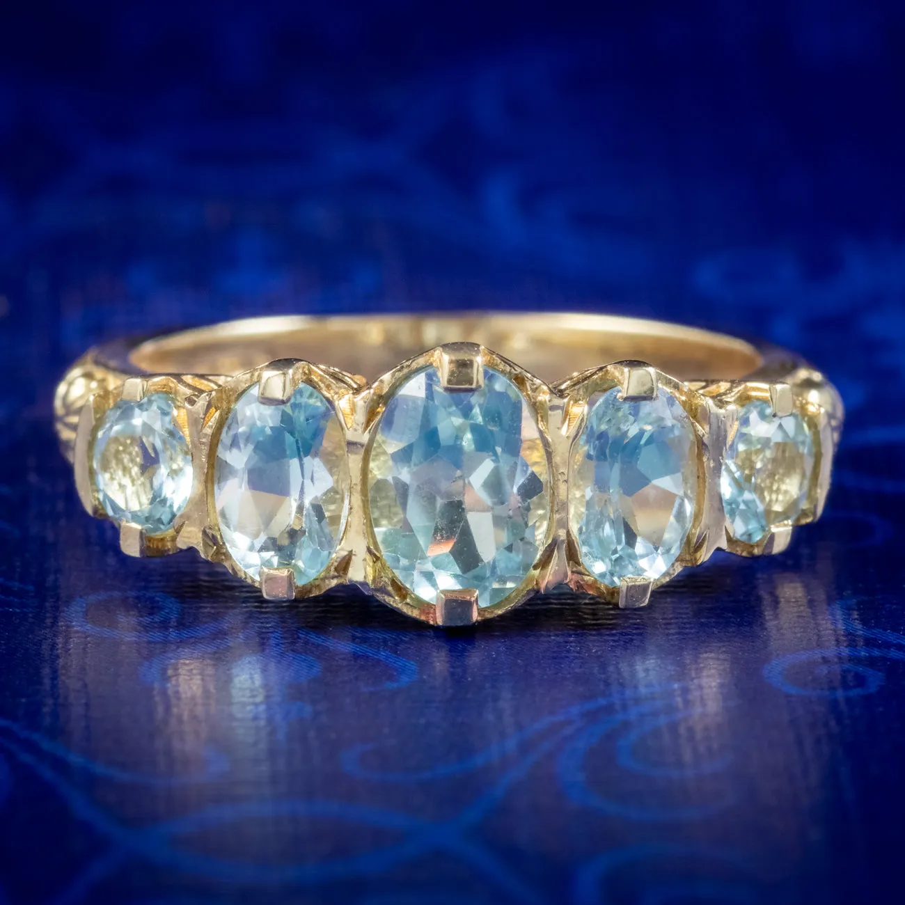 Victorian Style Blue Topaz Five Stone Ring 9ct Gold 2.5ct Of Topaz