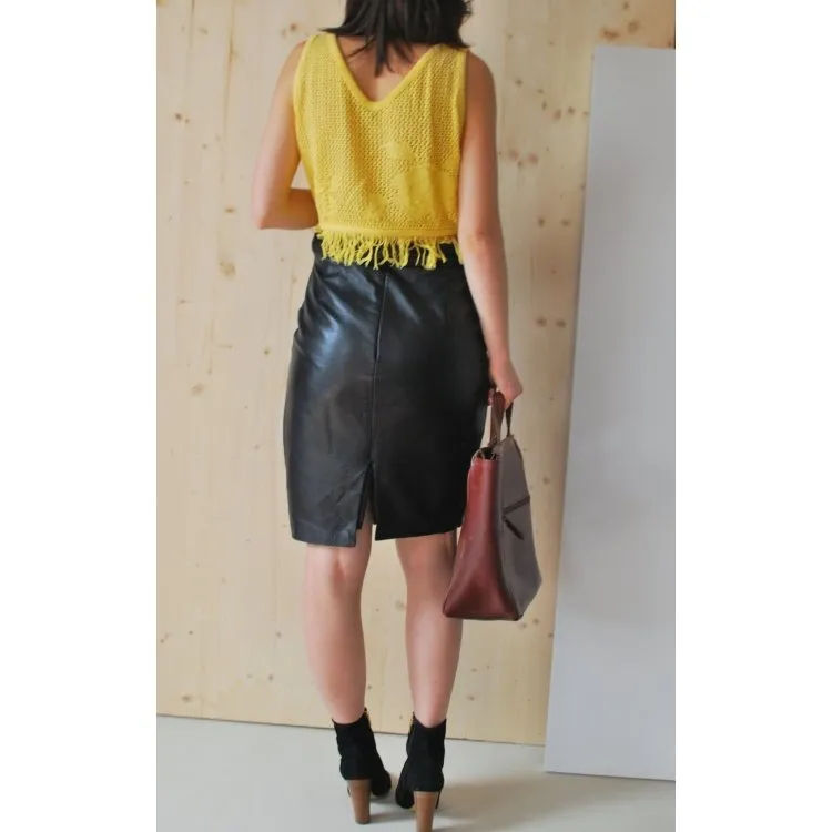 Womens Elegant Fashion Knee Length Black Leather Tube Skirt